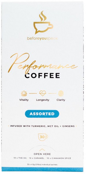 BEFORE YOU SPEAK Performance Coffee Assorted 4.5g x 30 Pack (contains: 10 x OG, Caramel & Cinnamon S
