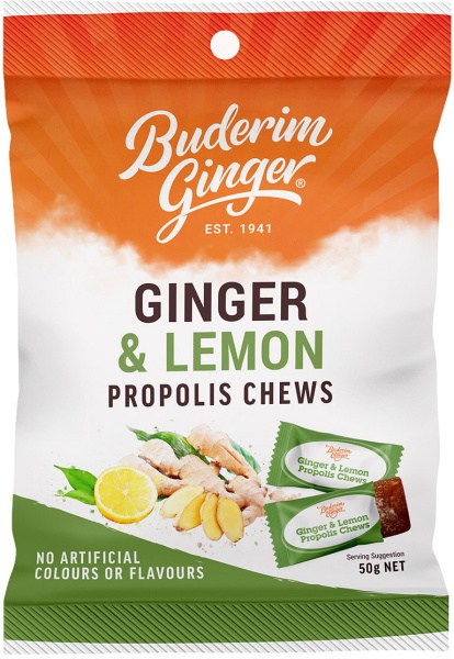 Buderim Ginger Ginger & Lemon Propolis Chews  50g