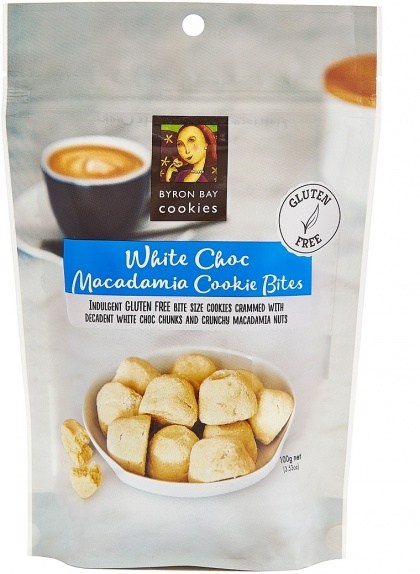 Byron Bay Gluten Free White Choc Macadamia Cookie Bites in Pouch 100g