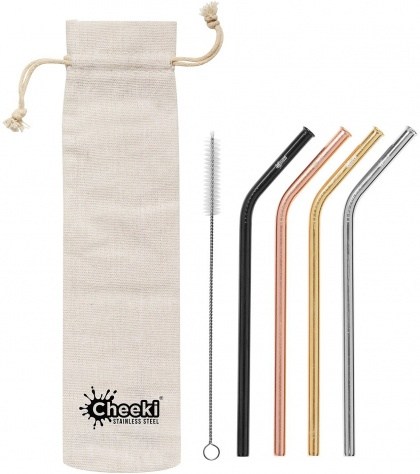 Cheeki Reusable S/S Straws Bent (Silver,Gold,Rose Gold,Black,Brush & Cloth Bag) 4Pack