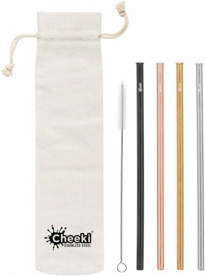 Cheeki Reusable S/S Straws Straight (Silver,Gold,Rose Gold,Black,Brush & Cloth Bag) 4Pack