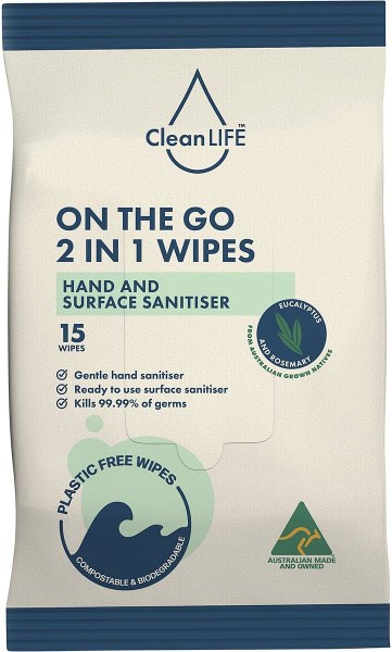Cleanlife 2 In 1 Plastic Free Wipes Hand and Surface Sanitiser 15pk