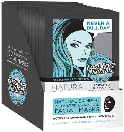 ESSENZZA FUSS FREE NATURALS Bamboo Facial Mask Activated Charcoal & Hyaluronic Acid x 12 Display