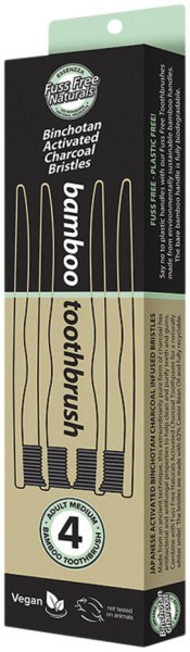 ESSENZZA FUSS FREE NATURALS Bamboo Toothbrush with Activated Charcoal Bristles Medium x 4 Pack