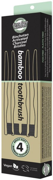 ESSENZZA FUSS FREE NATURALS Bamboo Toothbrush with Activated Charcoal Bristles Soft x 4 Pack