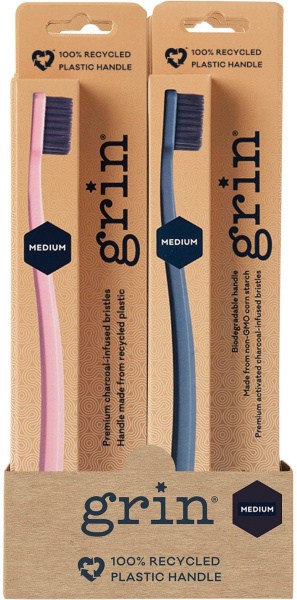 Grin 100% Recycled Toothbrush Medium Pink, Charcoal x8