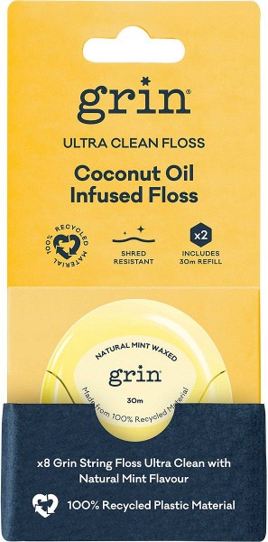 Grin Ultra Clean Floss Coconut Oil Infused 30m + Refill 8x2pk