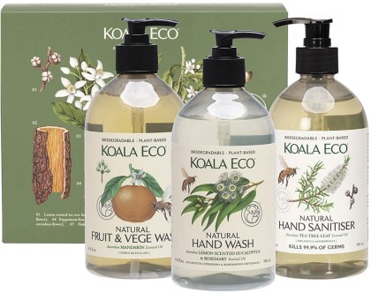 Koala Eco Clean & Safe Gift Pack Sanitiser, H/Wash, Fruit & Veg Wash 3pk