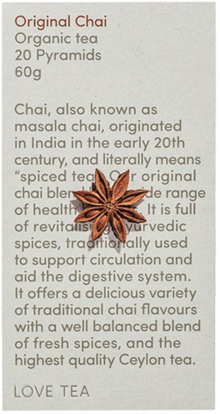 LOVE TEA Organic Original Chai Tea x 20 Pyramids