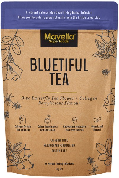 MAVELLA SUPERFOODS Bluetiful Tea Blue Butterfly Pea Flower + Collagen Berrylicious Flavour x 25 Tea 