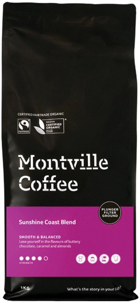 MONTVILLE COFFEE Organic Sunshine Coast Blend Plunger Filter Ground 1kg