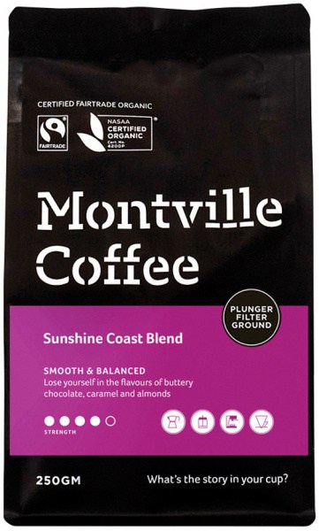 MONTVILLE COFFEE Organic Sunshine Coast Blend Plunger Filter Ground 250g