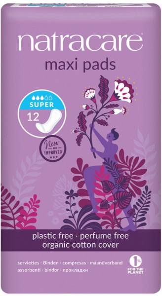 NATRACARE Maxi Pads Super with Organic Cotton Cover x 12 Pack