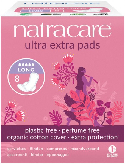NATRACARE Ultra Extra Pads Long with Organic Cotton Cover x 8 Pack