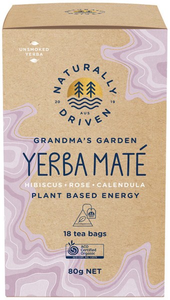 NATURALLY DRIVEN Organic Yerba Mate Tea Grandma's Garden (Hibiscus, Rose & Calendula) x 18 Tea Bags