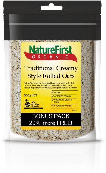 Nature First Traditional Creamy Style Rolled Oats Organic 600g (Bonus Pack)