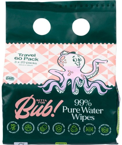 The Betta Company Betta For Bub 99% Pure Water Baby Wipes Travel 60pk