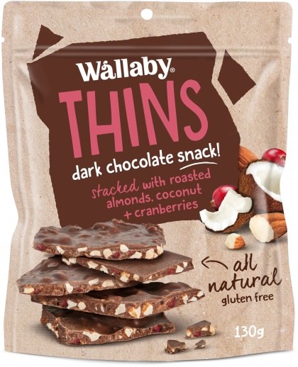 Wallaby Thins Dark Chocolate Snack with Roasted Almonds,Coconut & Cranberries  130g