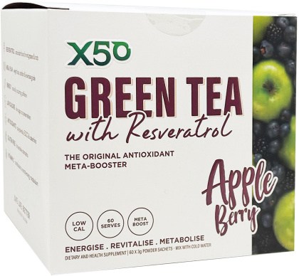 X50 Green Tea + Resveratol Apple Berry  60 x 3g Sachets