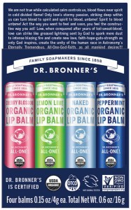 DR. BRONNER'S Organic Lip Balm 4g x 4 Pack (contains: Cherry Blossom, Lemon Lime, Naked & Peppermint