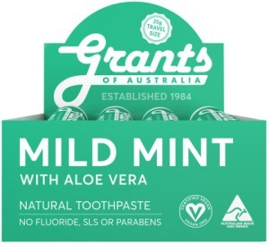 GRANTS OF AUSTRALIA Natural Toothpaste Mild Mint with Aloe Vera Travel Size 25g x 12 Display