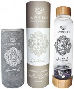 LUVIN' LIFE Water Bottle Amethyst Crystals & Bamboo 'Gratitude' (Includes Sleeve) 550ml