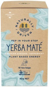 NATURALLY DRIVEN Organic Yerba Mate Tea Pep In Your Step (Siberian Ginseng & Peppermint) x 18 Tea Ba