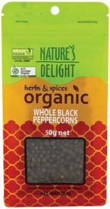 NATURE'S DELIGHT Organic Peppercorns Black Whole 50g