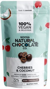 NOOSA NATURAL CHOCOLATE CO. Dark Chocolate Cherries and Coconut 100g