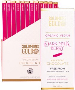 SOLOMONS GOLD Organic Vegan Dark Mylk Berry Chocolate (45% Cacao) 55g x 12 Display