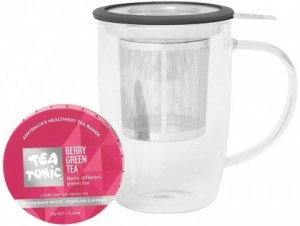 TEA TONIC (Tea Mug for One) Glass Tea Mug with Infuser & Berry Green Tea Travel Tin 10g Pack